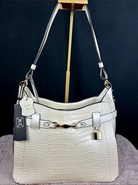 M.C. Genuine Leather Croc Embossed Pearl Bone Shoulder Bag NWT